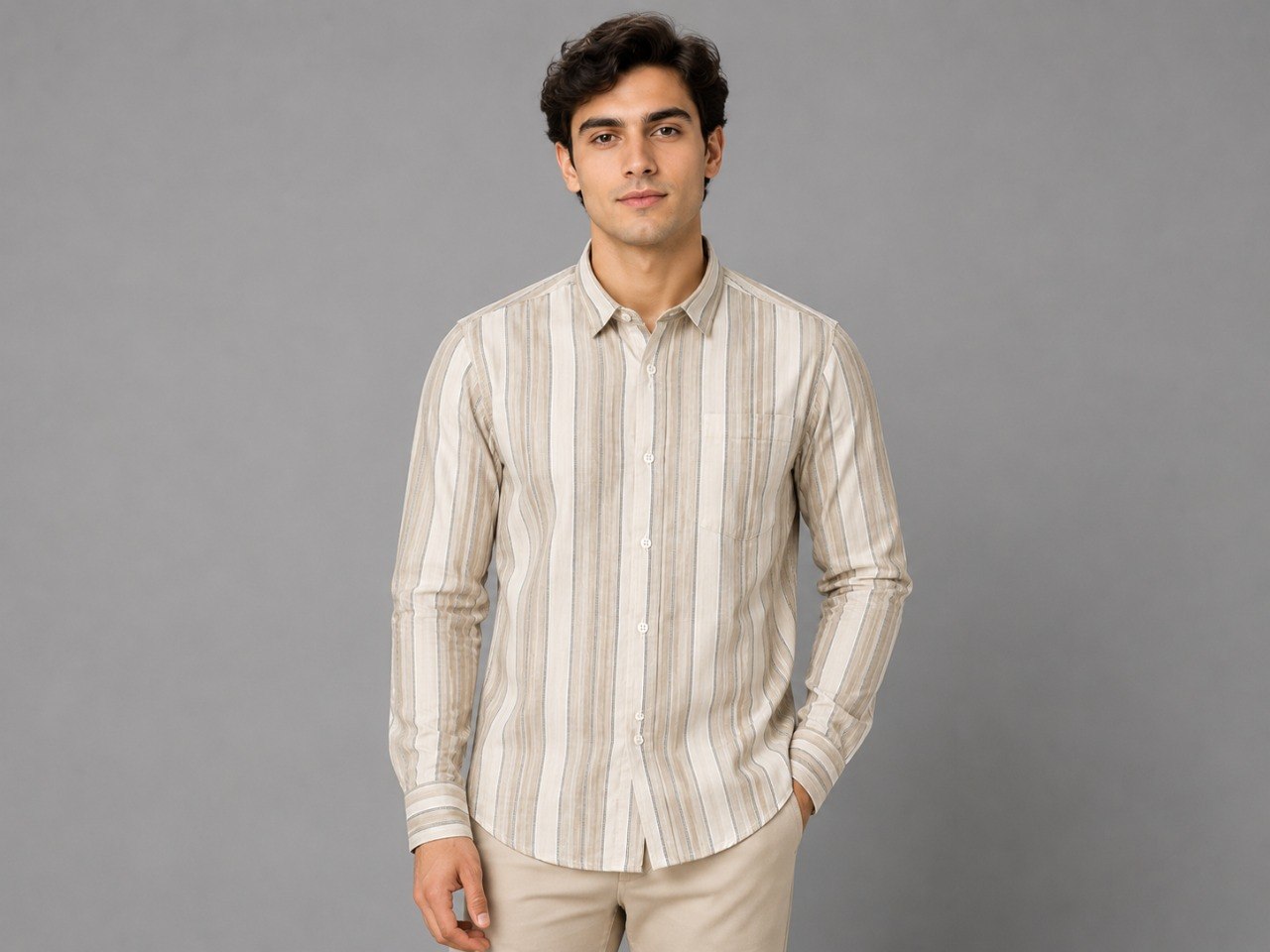 WhatsApp Image 2026-06-02 at 11.38.32 AM (3) Men's Beige Vertical Striped Formal Shirt - Image 4
